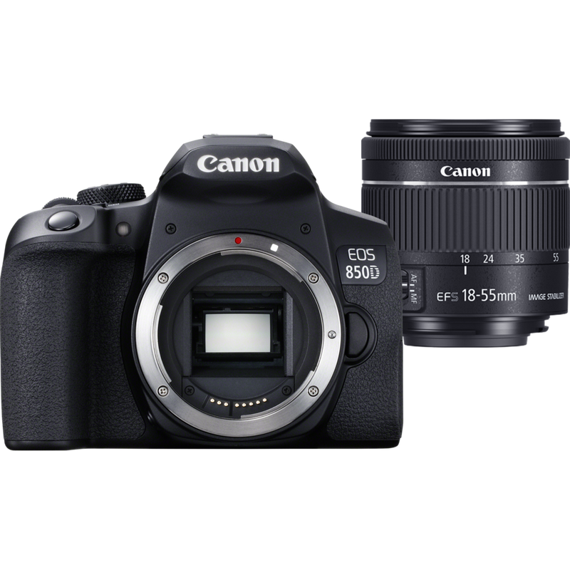 Canon EOS 850D + EF-S 18-55mm f/4-5.6 IS STM Objektiv Produkt Vorderansicht von Kamera und Objektiv