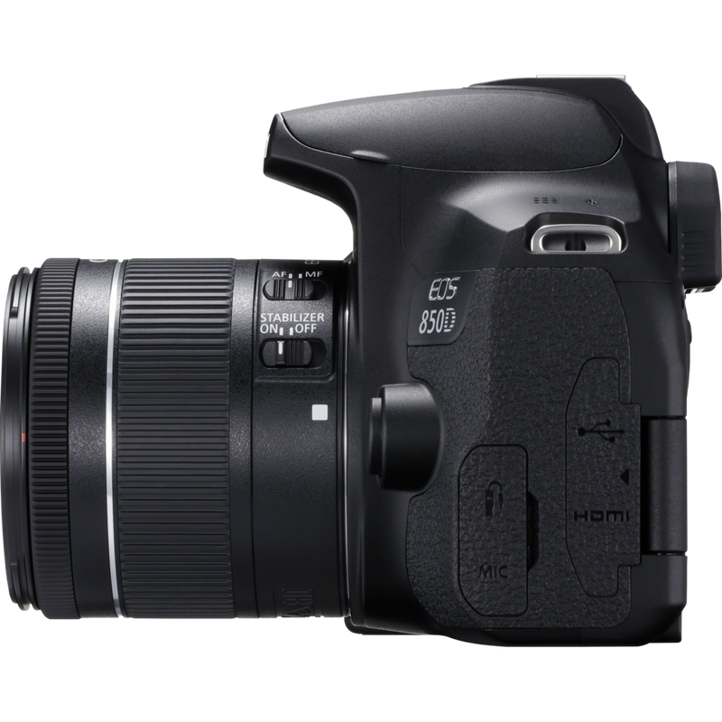 Canon EOS 850D + EF-S 18-55mm f/4-5.6 IS STM Objektiv Produkt Ansicht von links