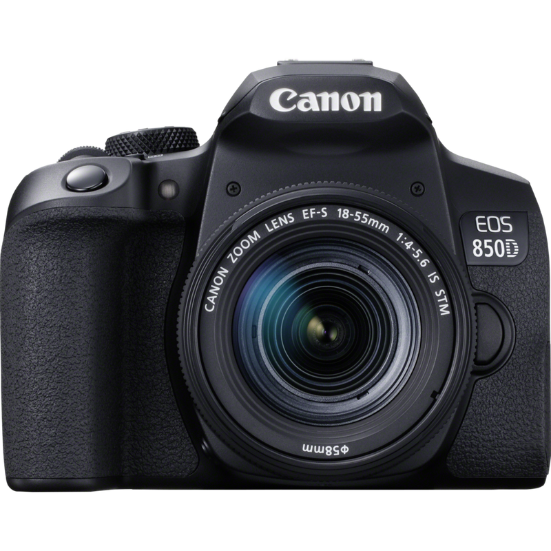 Canon EOS 850D + EF-S 18-55mm IS STM Objektiv + Rucksack + SD Karte + Ersatzakku Produkt Vorderansicht