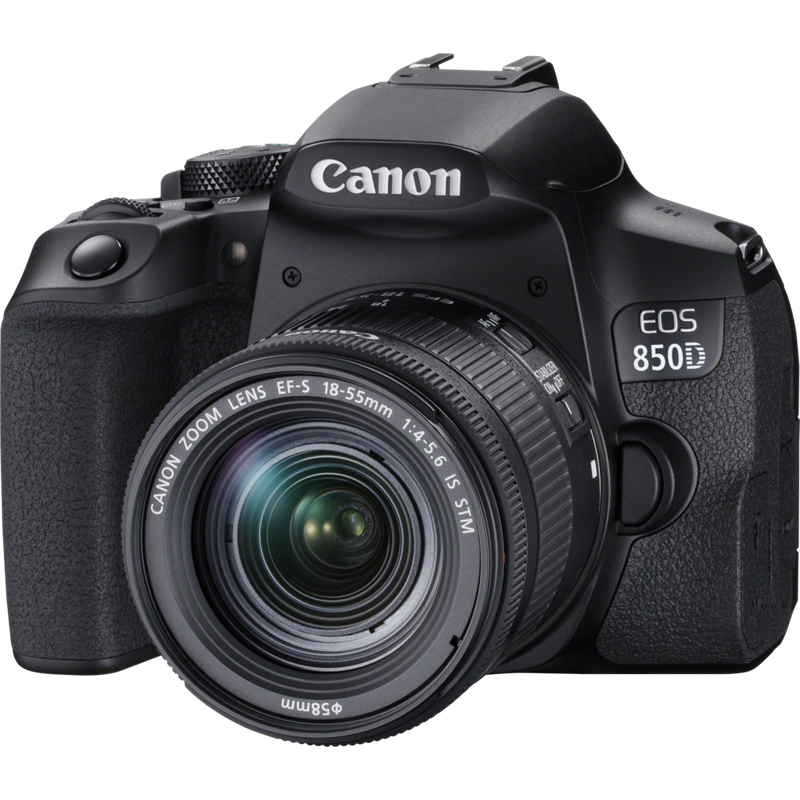 Canon EOS 850D + EF-S 18-55mm IS STM Objektiv + Rucksack + SD Karte + Ersatzakku Produkt Vorderansicht