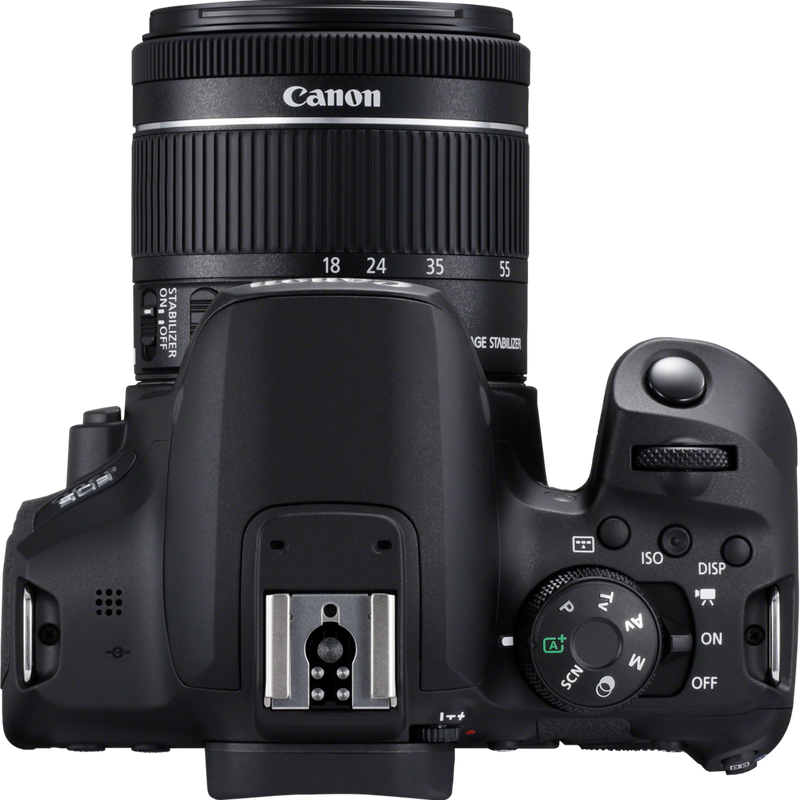 Canon EOS 850D + EF-S 18-55mm IS STM Objektiv + Rucksack + SD Karte + Ersatzakku Produkt Ansicht von oben