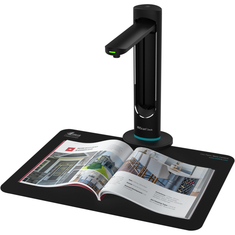 IRIScan Desk 6 Business A3-Dokumentenscanner Produkt Vorderansicht von links mit einem Buch auf dem Einzug