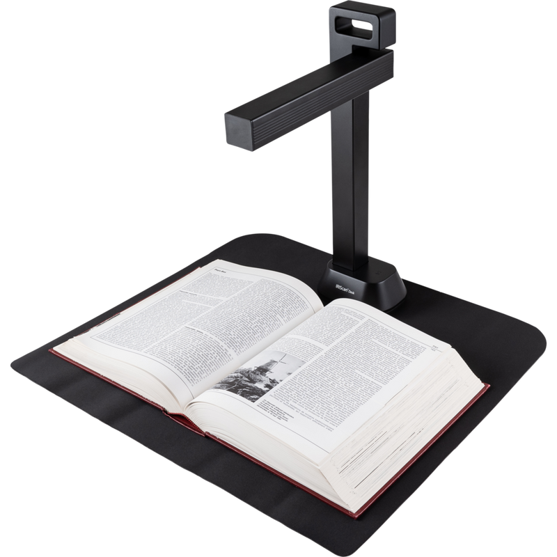 IRIScan Desk 6 Pro Dokumentenscanner Produkt Vorderansicht von links mit einem Buch auf dem Einzug