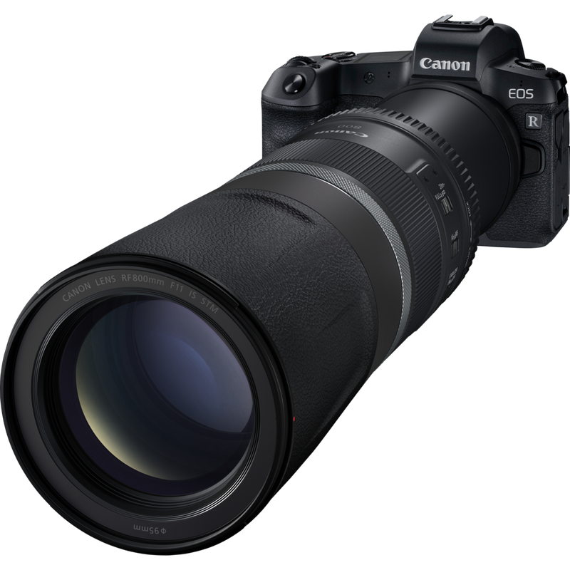 Canon RF 800mm F11 IS STM Objektiv Produkt Diagonale Ansicht des erweiterten Objektivs mit einer Kamera