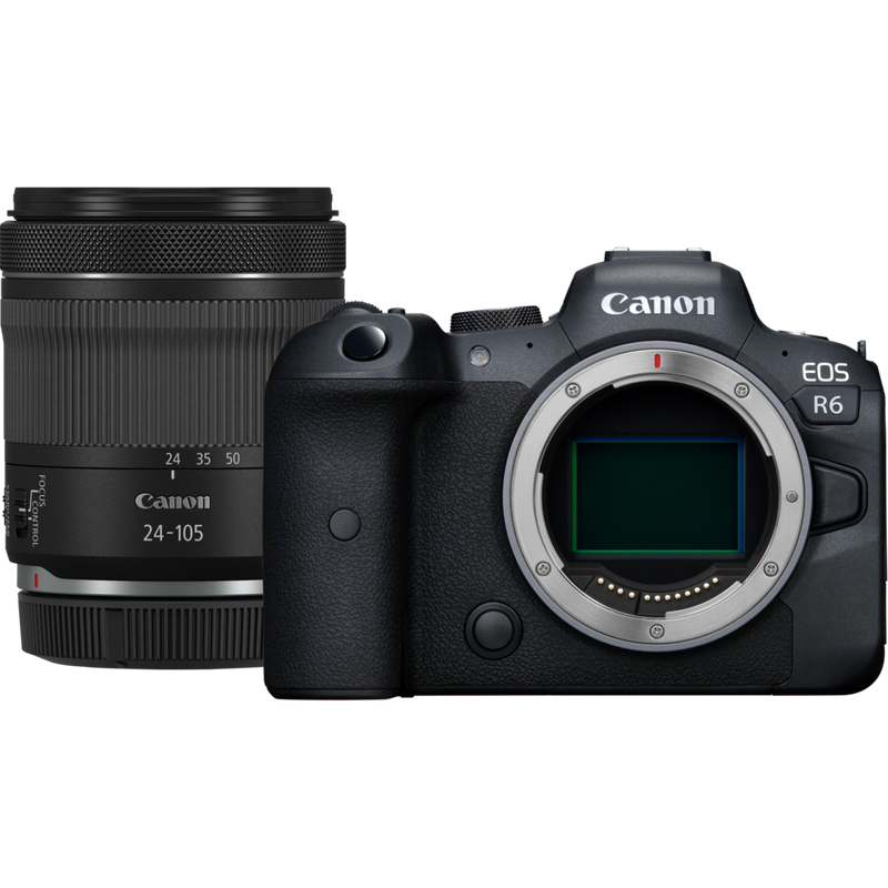 Canon EOS R6 spiegellose Kamera + RF 24-105mm F4-7.1 IS STM Objektiv Produkt Vorderansicht des Kameragehäuses und des Objektivs