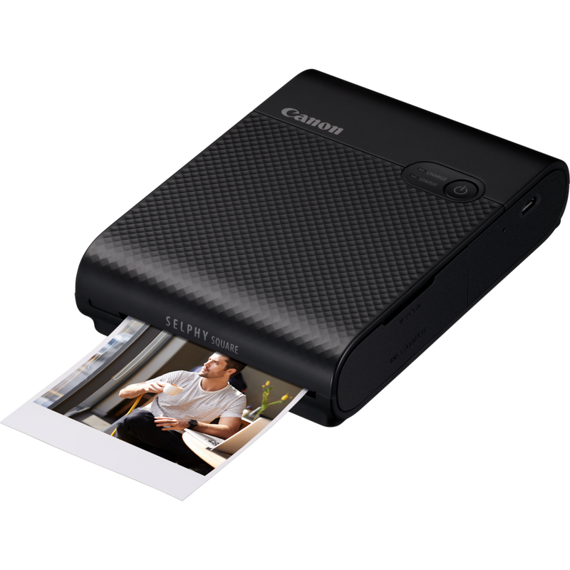 Canon SELPHY SQUARE QX10 mobiler WLAN-Farbfotodrucker, Schwarz Produkt Vorderansicht mit Ausdruck