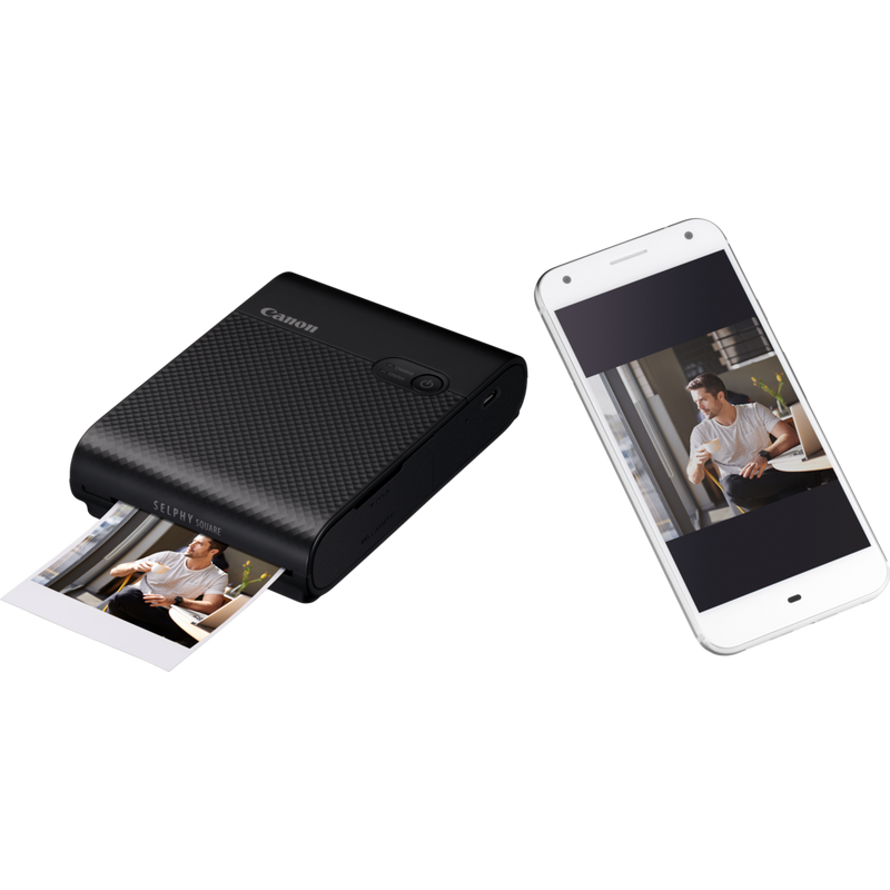 Canon SELPHY SQUARE QX10 mobiler WLAN-Farbfotodrucker, Schwarz Produkt Produkt mit Handy und Fotos