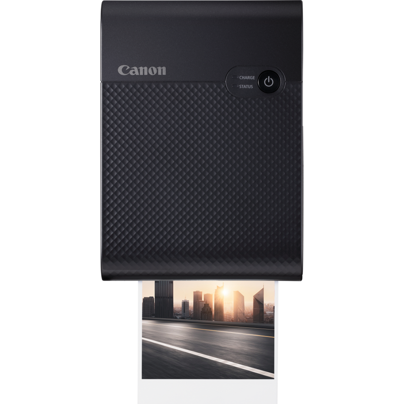 Canon SELPHY SQUARE QX10 mobiler WLAN-Farbfotodrucker, Premium-Kit, Schwarz Produkt Vorderansicht mit Ausdruck