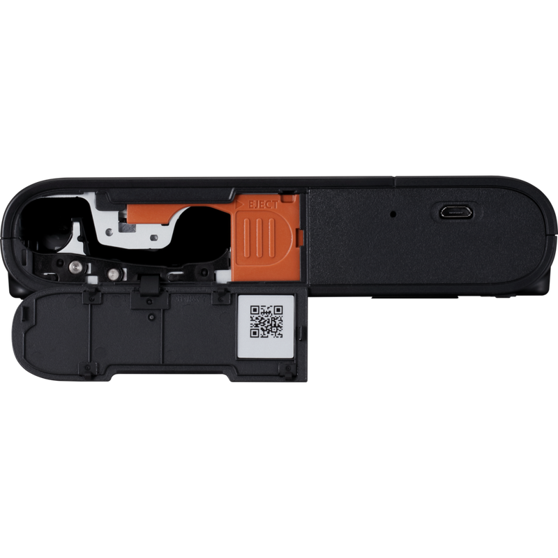 Canon SELPHY SQUARE QX10 mobiler WLAN-Farbfotodrucker, Premium-Kit, Schwarz Produkt Ansicht von unten mit geöffneter Klappe