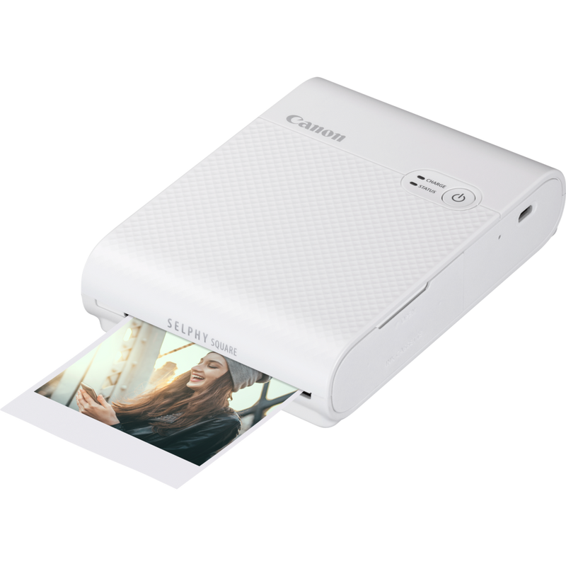 Canon SELPHY SQUARE QX10 mobiler WLAN-Farbfotodrucker, Weiß Produkt Vorderansicht mit Ausdruck