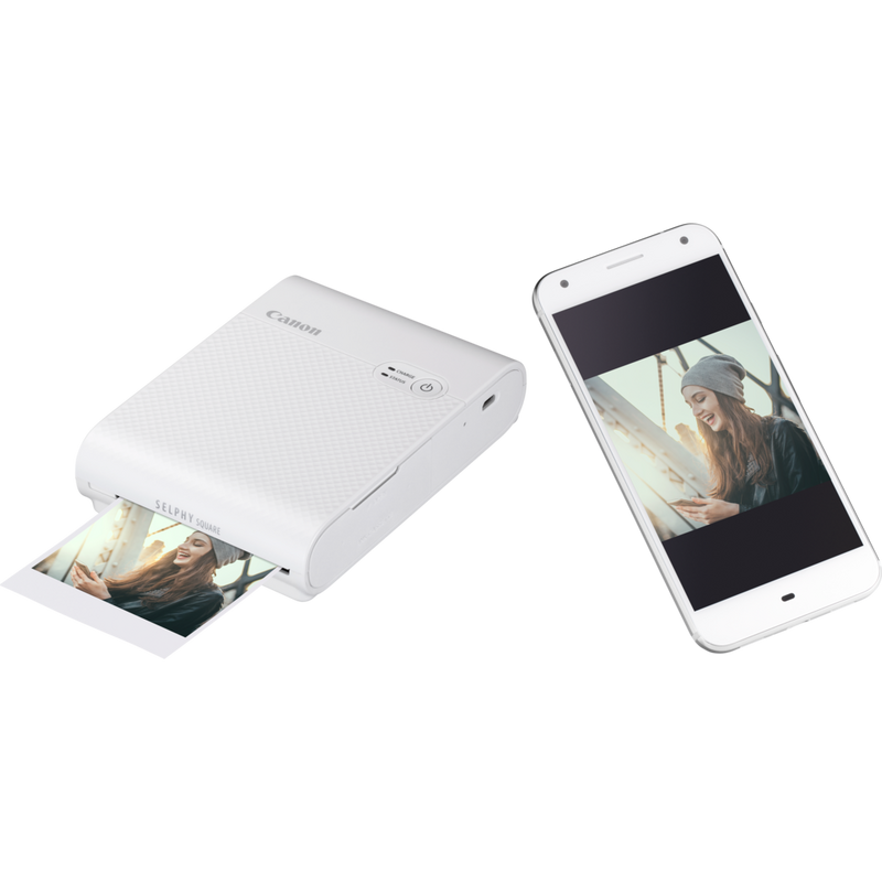 Canon SELPHY SQUARE QX10 mobiler WLAN-Farbfotodrucker, Weiß Produkt Produkt mit Handy