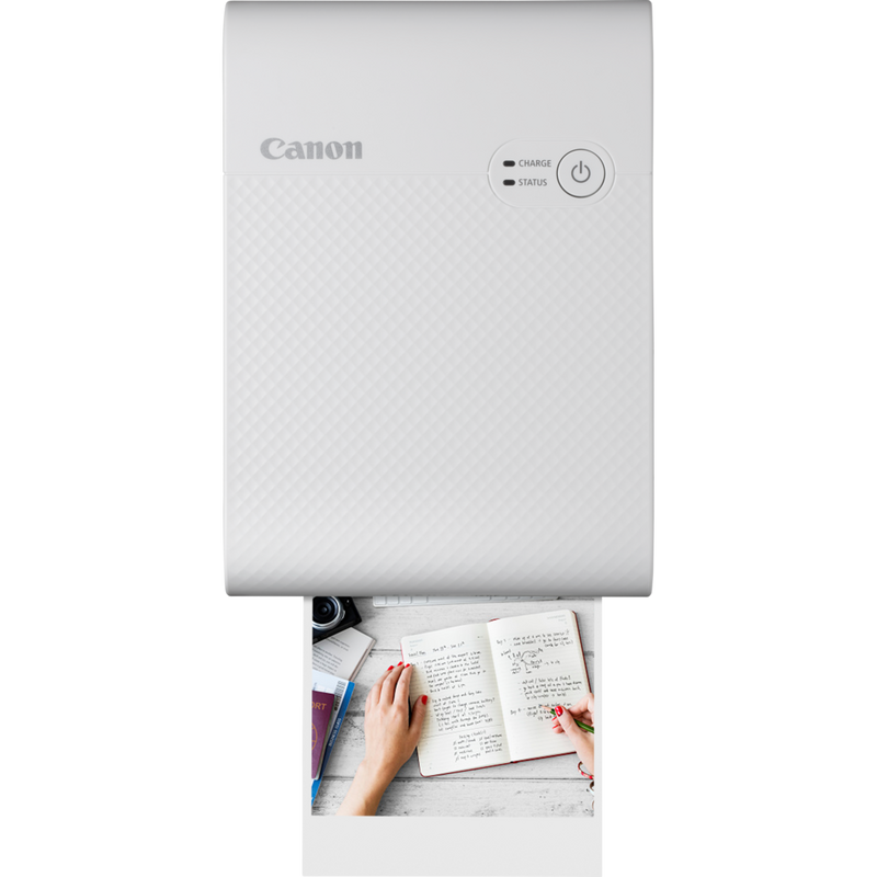 Canon SELPHY SQUARE QX10 mobiler WLAN-Farbfotodrucker, Weiß Produkt Vorderansicht mit Ausdruck