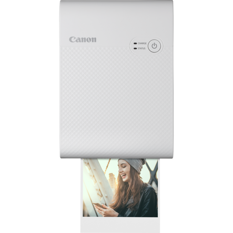 Canon SELPHY SQUARE QX10 mobiler WLAN-Farbfotodrucker, Premium-Kit, Weiß Produkt Vorderansicht mit Ausdruck