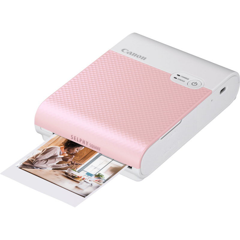 Canon SELPHY SQUARE QX10 mobiler WLAN-Farbfotodrucker, Pink Produkt Vorderansicht mit Ausdruck