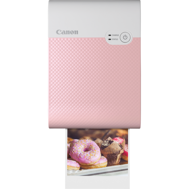 Canon SELPHY SQUARE QX10 mobiler WLAN-Farbfotodrucker, Pink Produkt Vorderansicht mit Ausdruck