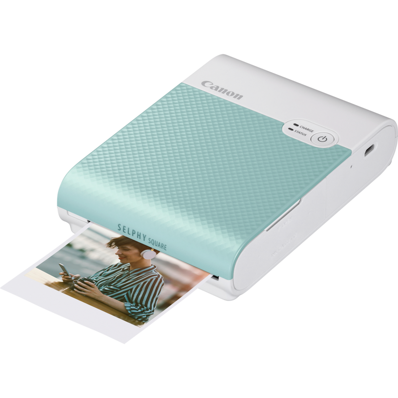Canon SELPHY SQUARE QX10 mobiler WLAN-Farbfotodrucker, Mintgrün Produkt Vorderansicht mit Ausdruck