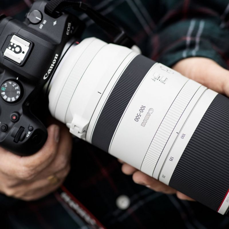 Canon RF 100-500mm F4.5-7.1L IS USM Objektiv Eine Hand, die eine Kamera hält