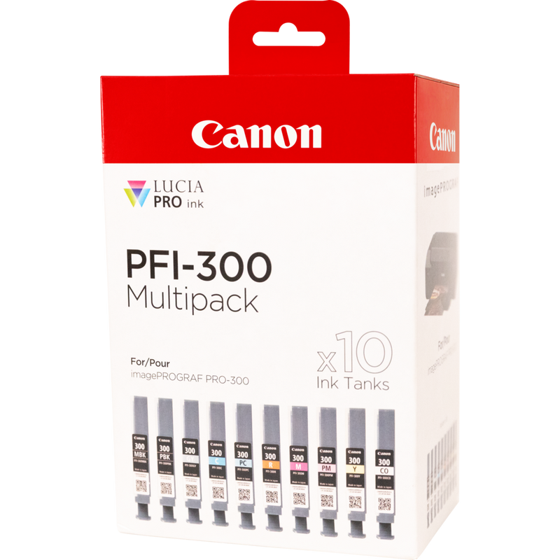 Canon PFI-300 MBK/PBK/CO/GY/R/C/M/Y/PC/PM 10 Tintentanks Multipack Produkt Ansicht von rechts