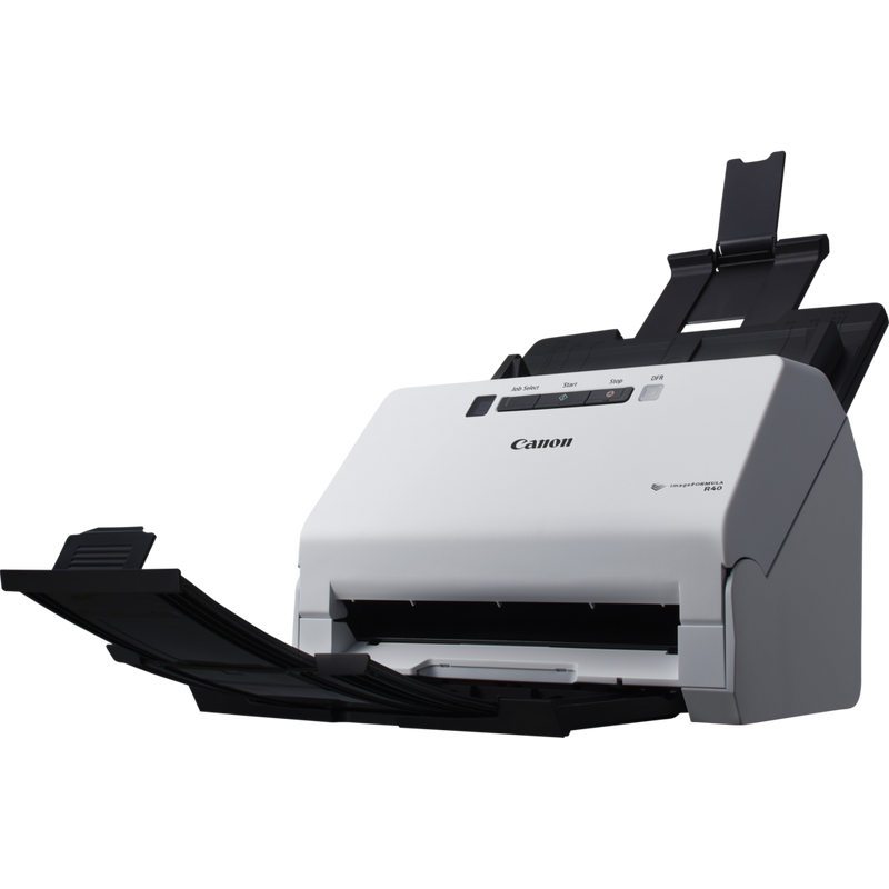 Canon imageFORMULA R40 – Arbeitsplatzscanner Produkt Vorderansicht von links mit offenen Einzügen