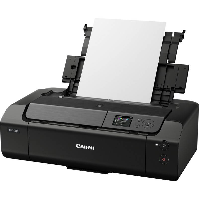 Canon PIXMA PRO-200 A3 Plus Drahtloser Foto-Farbdrucker Produkt Schrägansicht von vorne mit Papierstütze