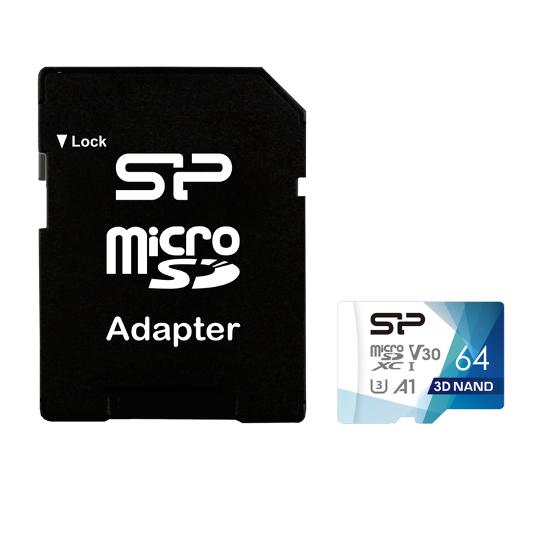 Silicon Power Superior Pro V30 64-GB-Speicherkarte mit Adapter Produkt Vorderansicht auf das Produkt mit Adapter