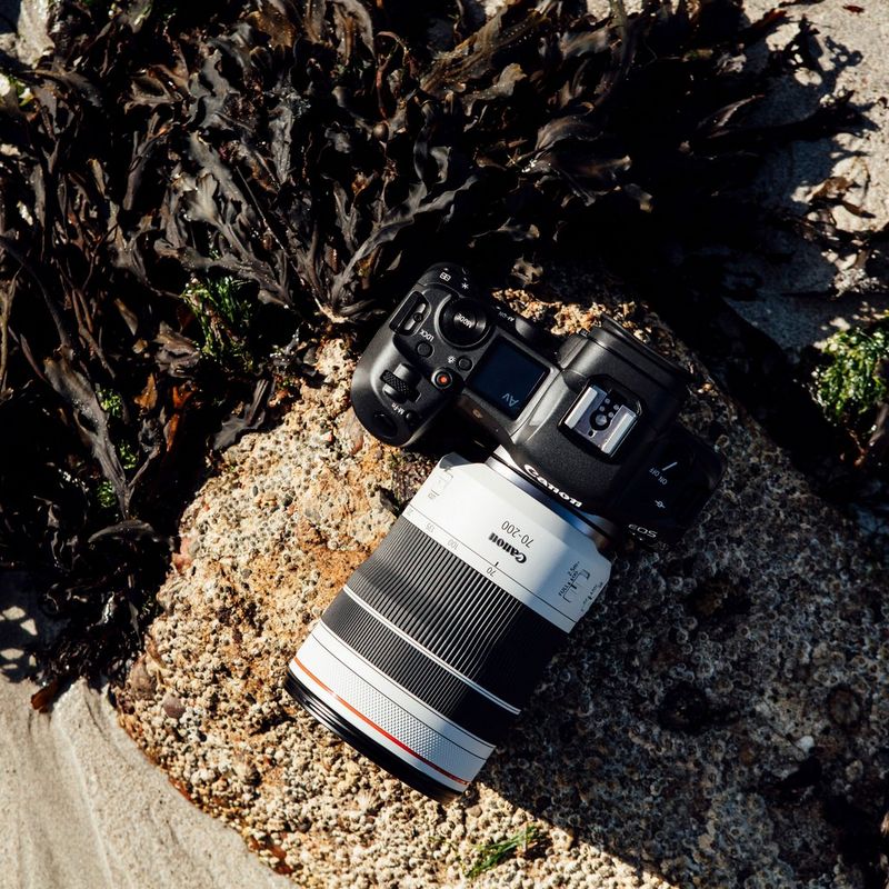 Canon RF 70-200mm F4L IS USM Objektiv Das Objektiv mit einer Kamera auf einem Felsen