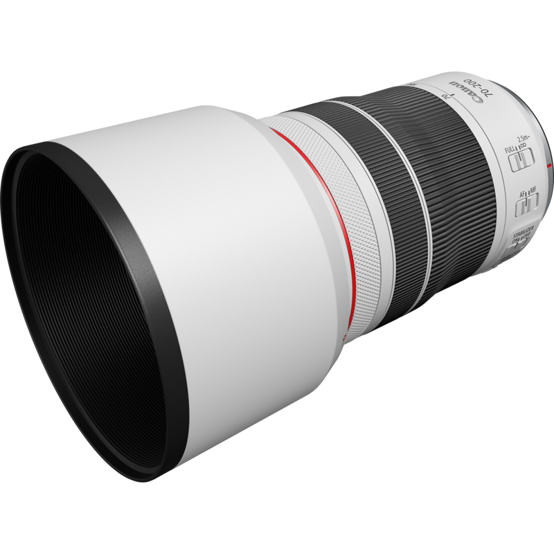 Canon RF 70-200mm F4L IS USM Objektiv Produkt Diagonale Ansicht mit Streulichtblende