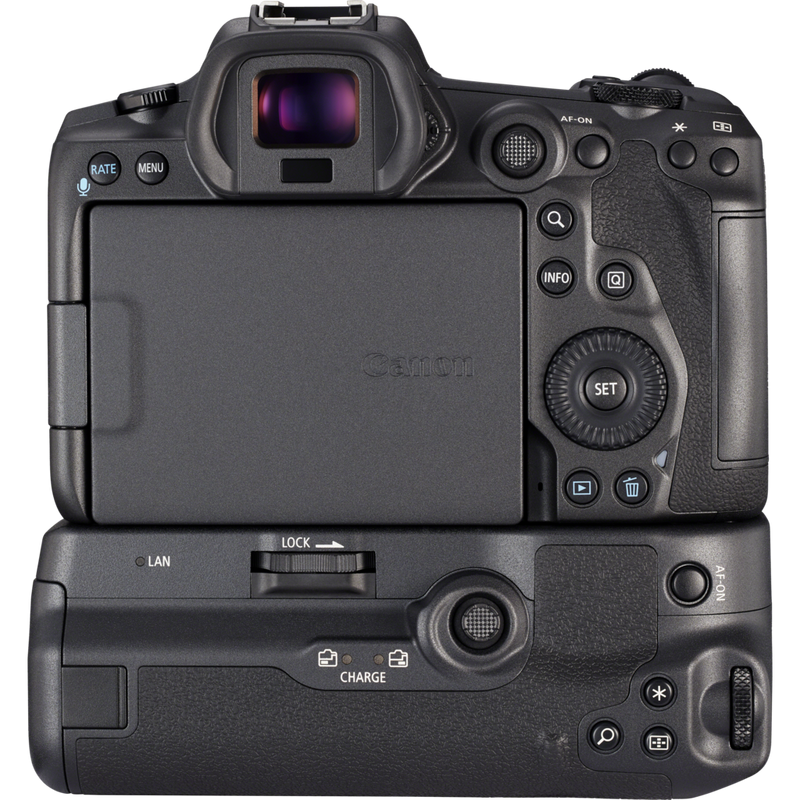 Canon WFT-R10B Wireless File Transmitter Product Back View with camera attached