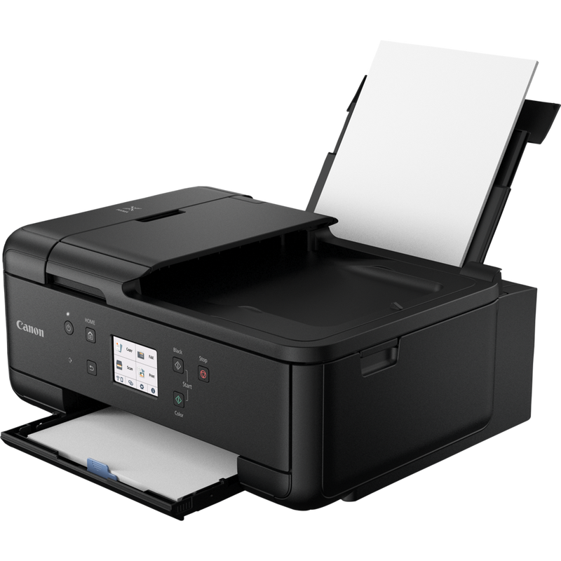 PIXMA TR7650 Tintenstrahl-Multifunktionssystem Schräge Vorderansicht mit Papier auf Papierausgabefach