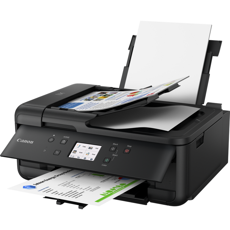 PIXMA TR7650 Tintenstrahl-Multifunktionssystem Schräge Vorderansicht mit Druckausgaben