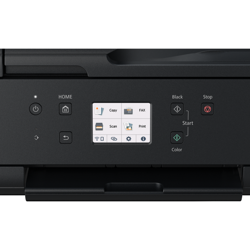 PIXMA TR7650 Tintenstrahl-Multifunktionssystem Vorderansicht die das Bedienfeld und den Touchscreen zeigt