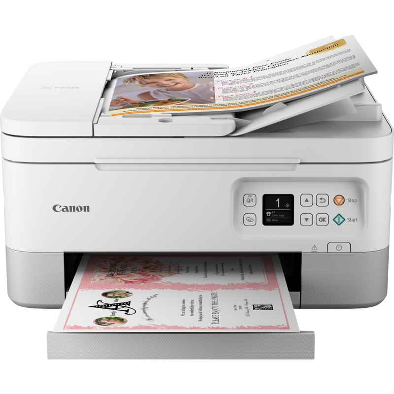 Canon PIXMA TS7451 Tintenstrahl-Multifunktionssystem, Weiß Produkt Vorderansicht mit ausgeklapptem Papierfach