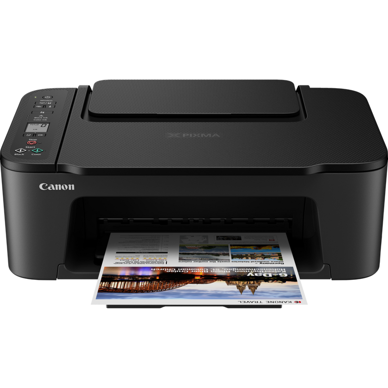 Canon PIXMA TS3450 WLAN-Farb-Multifunktionssystem Fotodrucker, Schwarz Produkt Vorderansicht mit ausgeklapptem Papierfach