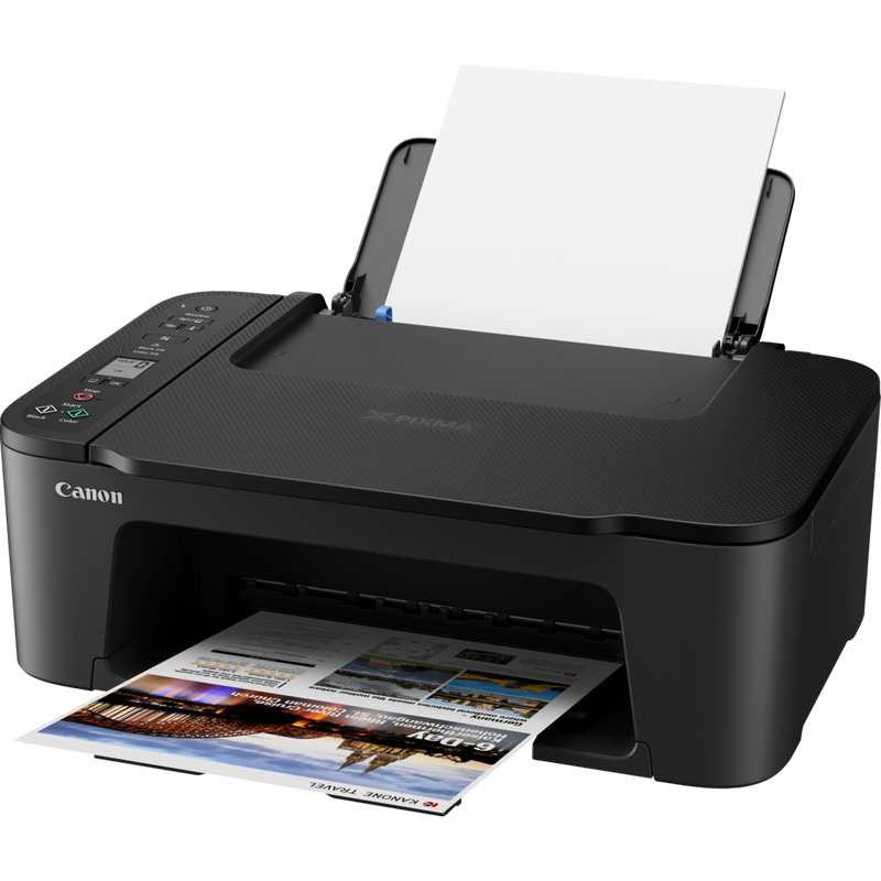 Canon PIXMA TS3450 WLAN-Farb-Multifunktionssystem Fotodrucker, Schwarz Produkt Schrägansicht von vorne mit ausgeklapptem Papierfach und Papierstütze