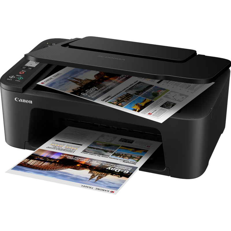 Canon PIXMA TS3450 WLAN-Farb-Multifunktionssystem Fotodrucker, Schwarz Produkt Schrägansicht von vorne mit ausgeklapptem Papierfach