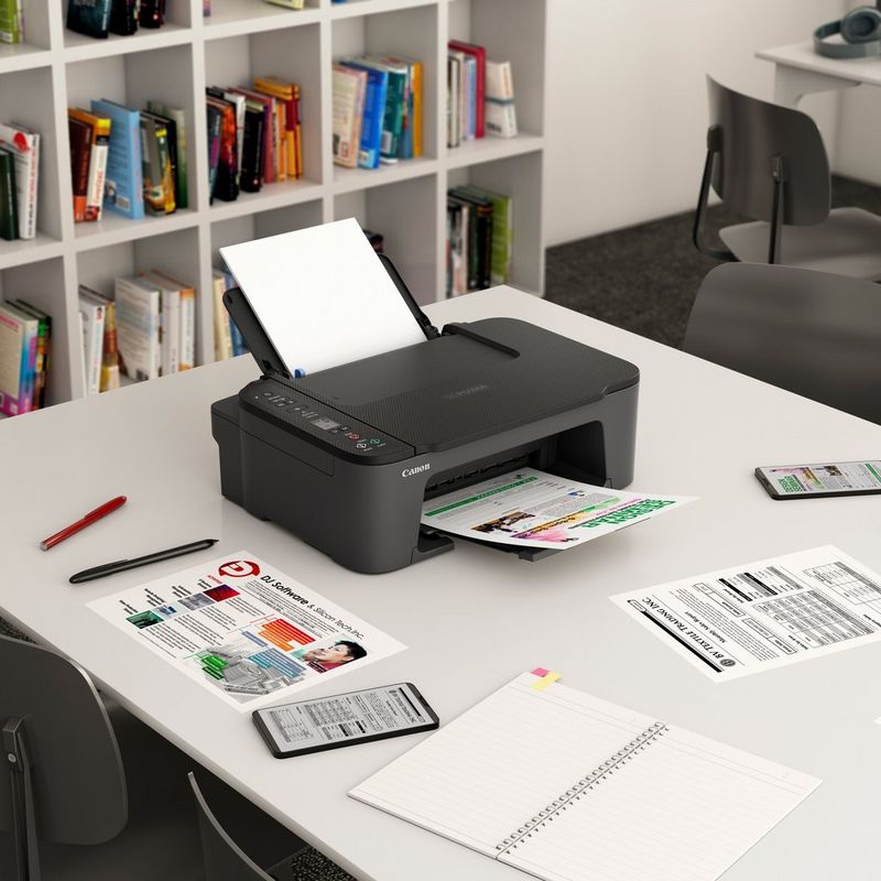 Canon PIXMA TS3450 WLAN-Farb-Multifunktionssystem Fotodrucker, Schwarz Auf einem Tisch mit ausgeklapptem Papierfach und Papierstütze