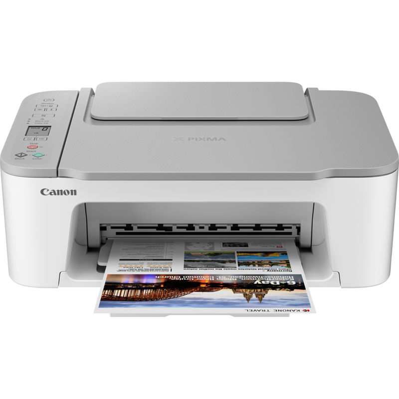 Canon PIXMA TS3451 WLAN-Farb-Multifunktionssystem Fotodrucker, Weiß Produkt Vorderansicht mit ausgeklapptem Papierfach