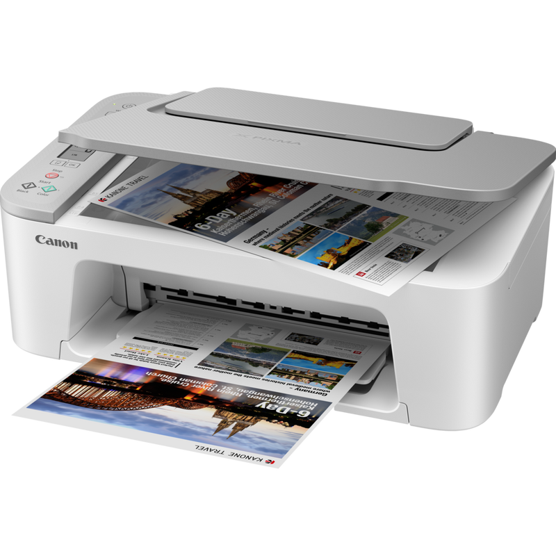 Canon PIXMA TS3451 WLAN-Farb-Multifunktionssystem Fotodrucker, Weiß Produkt Schrägansicht von vorne mit ausgeklapptem Papierfach