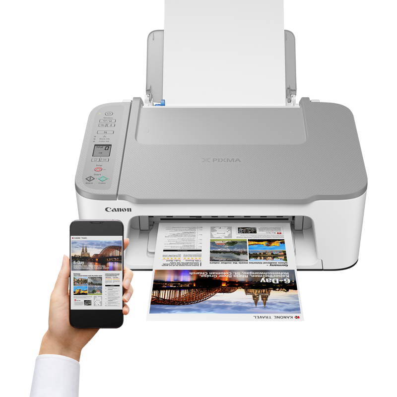 Canon PIXMA TS3451 WLAN-Farb-Multifunktionssystem Fotodrucker, Weiß Produkt Vorderansicht mit einer Person, die von einem Smartphone aus druckt