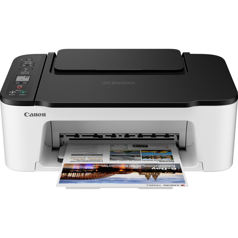 Canon PIXMA TS3452 WLAN-All-in-One-Farbfotodrucker, weiß mit schwarzer Oberseite Produkt Vorderansicht mit ausgeklapptem Papierfach