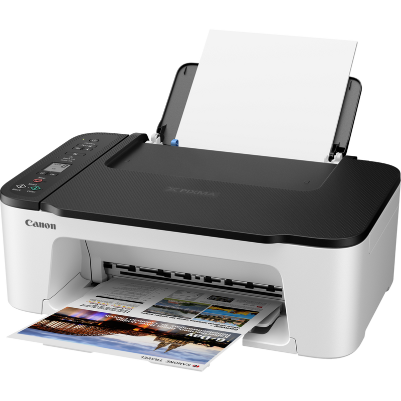 Canon PIXMA TS3452 WLAN-All-in-One-Farbfotodrucker, weiß mit schwarzer Oberseite Produkt Schrägansicht von vorne mit ausgeklapptem Papierfach und Papierstütze