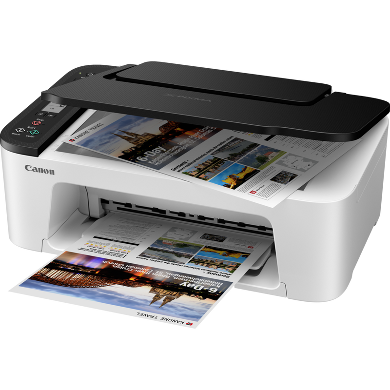 Canon PIXMA TS3452 WLAN-All-in-One-Farbfotodrucker, weiß mit schwarzer Oberseite Produkt Schrägansicht von vorne mit ausgeklapptem Papierfach
