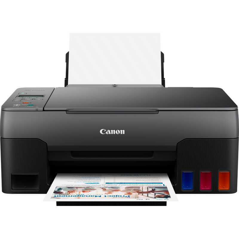 Canon PIXMA G2520 3-in-1 MegaTank Farbdrucker mit nachfüllbaren Tintenbehältern Produkt Vorderansicht mit ausgeklapptem Papierfach
