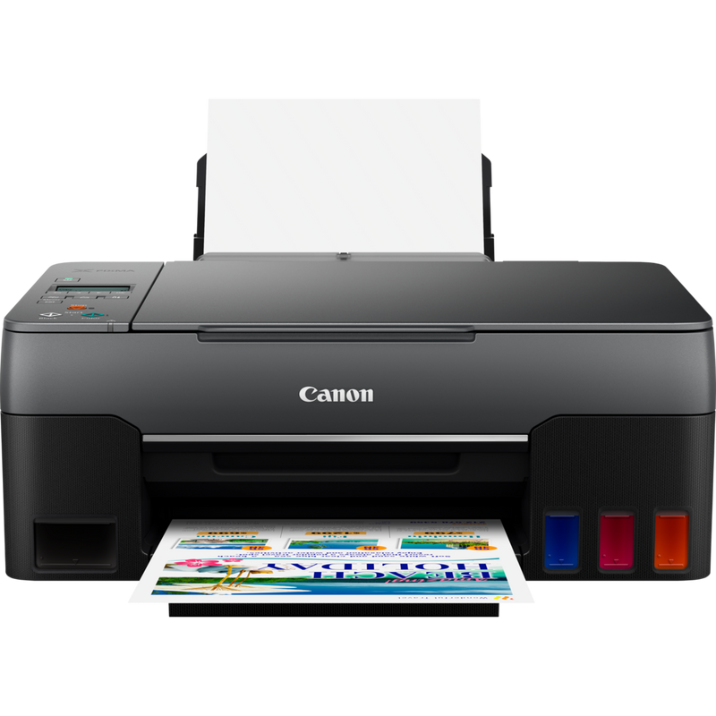 Canon PIXMA G2560 3-in-1 MegaTank Farbdrucker mit nachfüllbaren Tintenbehältern Produkt Vorderansicht mit ausgeklapptem Papierfach