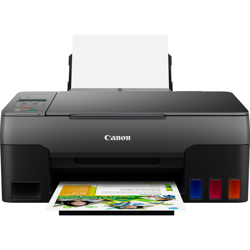 Canon PIXMA G3520 3-in-1 drahtloser MegaTank Farbdrucker mit nachfüllbaren Tintenbehältern Produkt Vorderansicht mit ausgeklapptem Papierfach