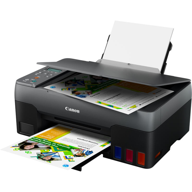Canon PIXMA G3520 3-in-1 drahtloser MegaTank Farbdrucker mit nachfüllbaren Tintenbehältern Produkt Schrägansicht von vorne mit ausgeklapptem Papierfach und Papierstütze