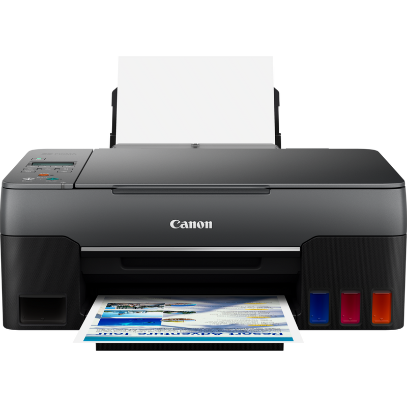 Canon PIXMA G3560 3-in-1 drahtloser MegaTank Farbdrucker mit nachfüllbaren Tintenbehältern Produkt Vorderansicht mit ausgeklapptem Papierfach