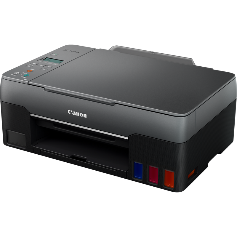 Canon PIXMA G3560 3-in-1 drahtloser MegaTank Farbdrucker mit nachfüllbaren Tintenbehältern Produkt Schrägansicht von vorne