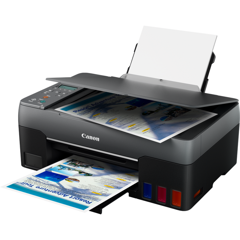Canon PIXMA G3560 3-in-1 drahtloser MegaTank Farbdrucker mit nachfüllbaren Tintenbehältern Produkt Schrägansicht von vorne mit ausgeklapptem Papierfach und Papierstütze