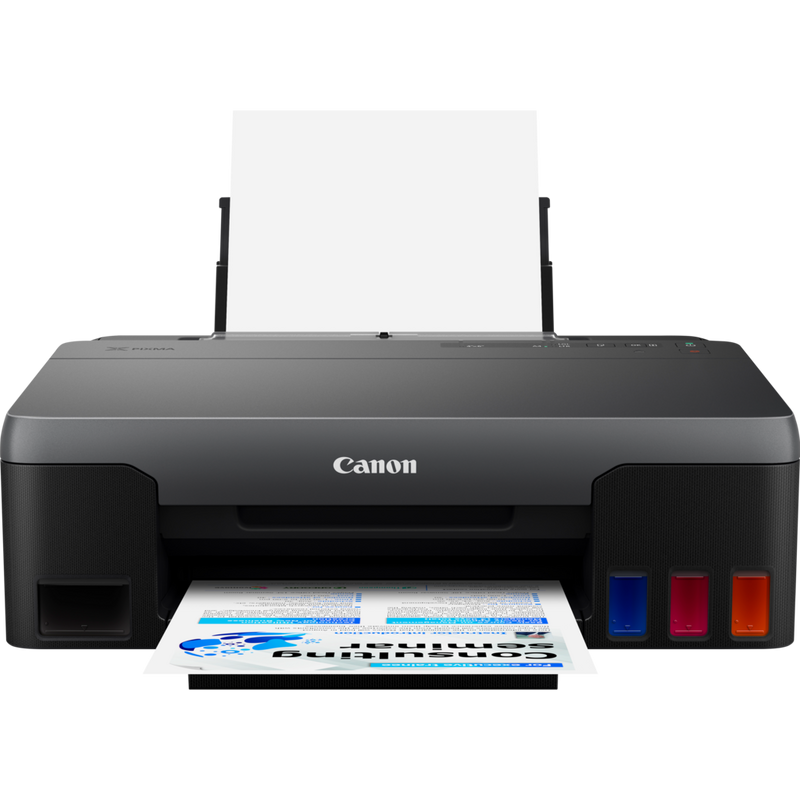 Canon PIXMA G1520 MegaTank Farbdrucker mit nachfüllbaren Tintenbehältern Produkt Vorderansicht mit ausgeklapptem Papierfach